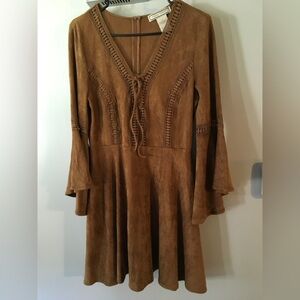 Elegant Suede Brown Long Sleeve Dress